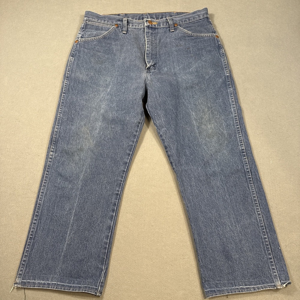 Wrangler 13MWZ Jeans Mens 36x25 Faded Blue Whiskered Faded Cowboy Western
